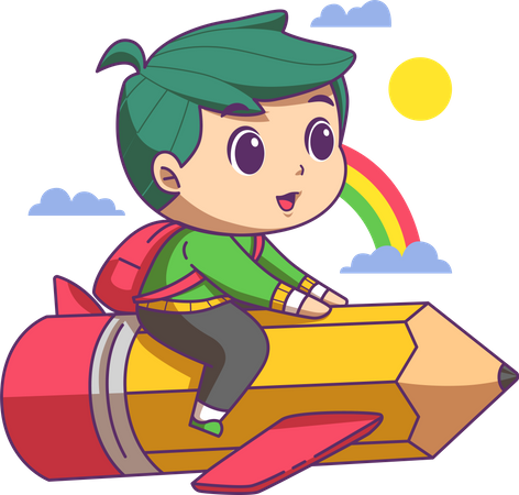 Boy going to school while sitting on rocket  Illustration