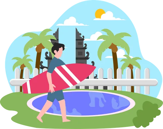 Boy going to surfing Illustration