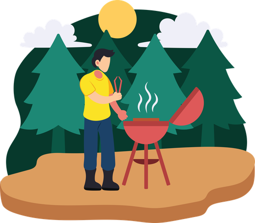 Boy grilling meat in forest  Illustration