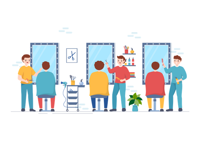 Boy hairdresser getting hair cut  イラスト