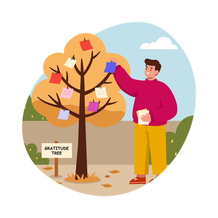 Boy hanging notes on tree  Illustration