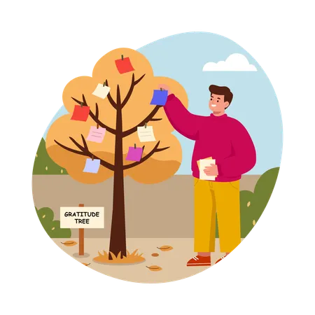 Boy hanging notes on tree  Illustration