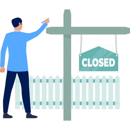 Boy hangs closed board  Illustration