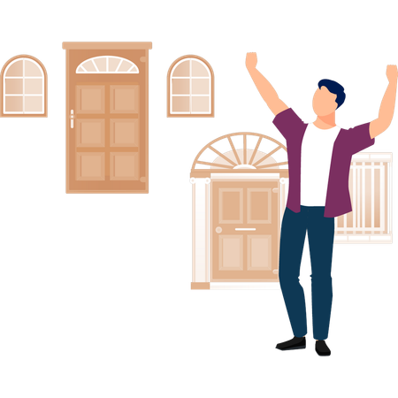 Boy happy to look at doorway exterior  Illustration