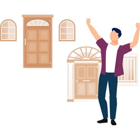 Boy happy to look at doorway exterior  Illustration