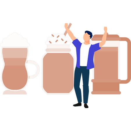 カフェイン飲料を飲んで喜ぶ少年  イラスト