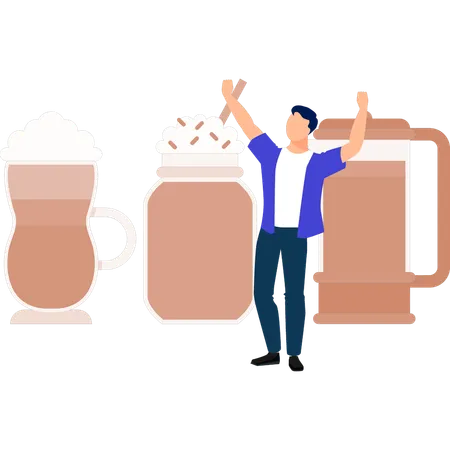 カフェイン飲料を飲んで喜ぶ少年  イラスト