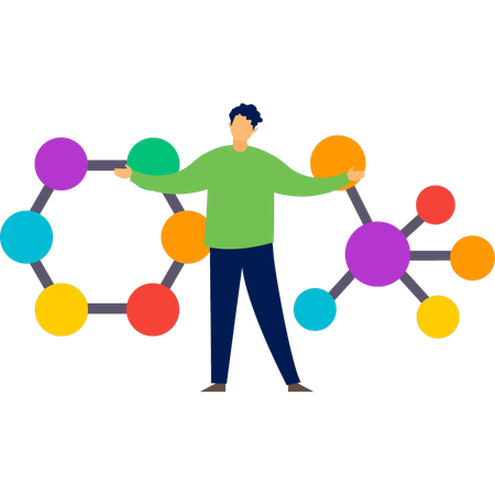 Boy happy with molecule structure  Illustration