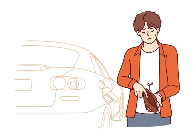 Boy has no money for car fuel  Illustration