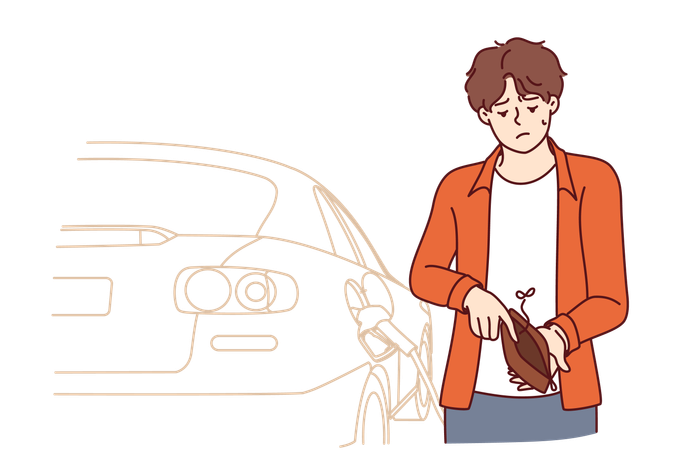 Boy has no money for car fuel  Illustration