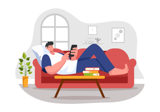 Boy have bad habit of sleeping on sofa and using smartphone  Illustration