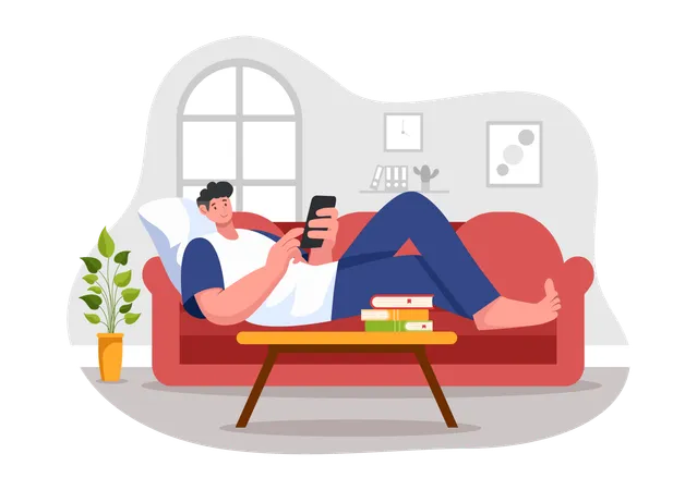 Boy have bad habit of sleeping on sofa and using smartphone  Illustration