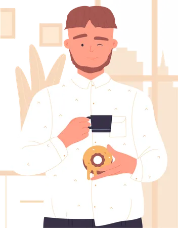 Boy having donut with coffee  Illustration