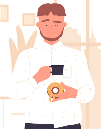 Boy having donut with coffee  Illustration