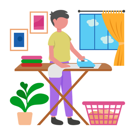 Boy having Morning Clothes Ironing Session  Illustration