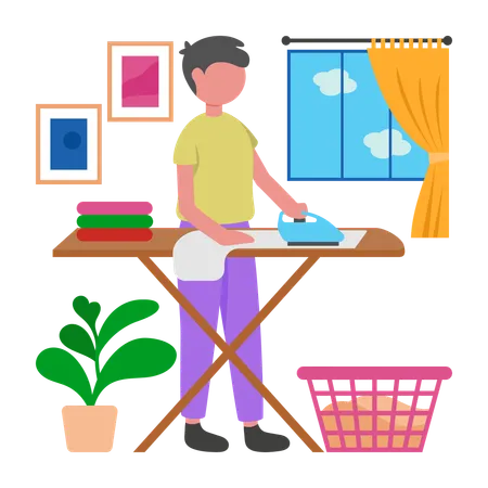 Boy having Morning Clothes Ironing Session  Illustration