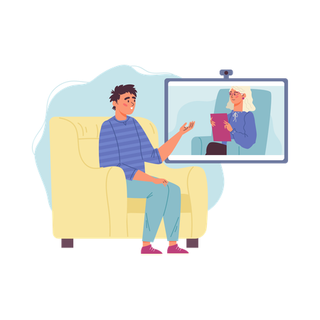 Boy having Online psychologist therapy session  Illustration