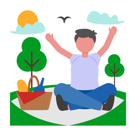 Boy having picnic in park  Illustration