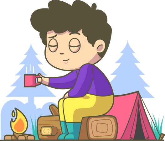 Boy having warm tea during camping  イラスト