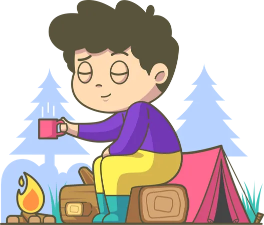 Boy having warm tea during camping  Illustration