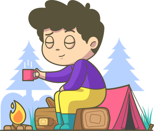 Boy having warm tea during camping  Illustration
