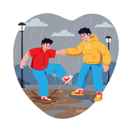 Boy Helping a Friend in Rain  Illustration
