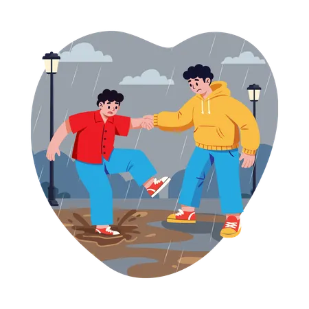 Boy Helping a Friend in Rain  Illustration