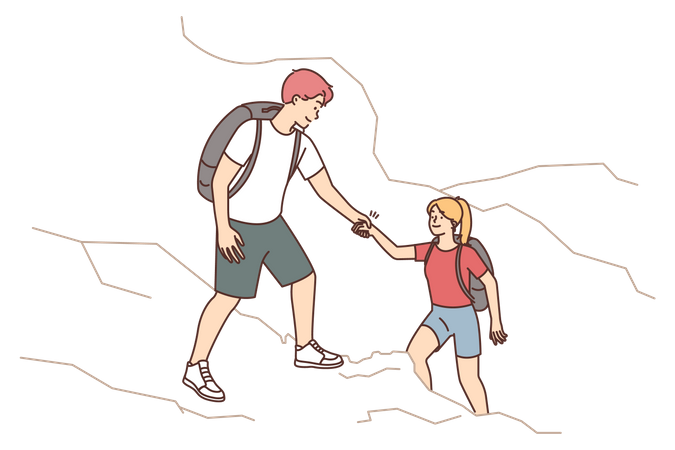 Boy helping girl in climbing while trekking  Illustration