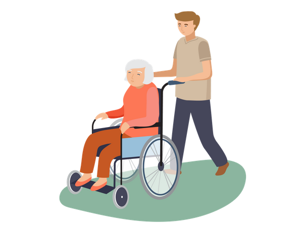 Boy helping old aged woman with wheelchair  イラスト