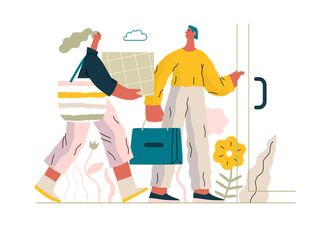 Boy helps girl carrying shopping bags  Illustration