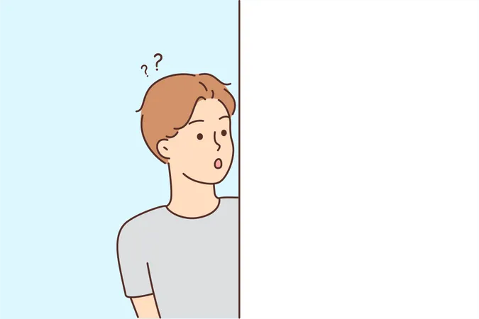 Boy hide behind wall and confused  Illustration