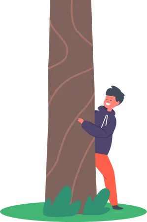 Boy hiding behind tree Illustration