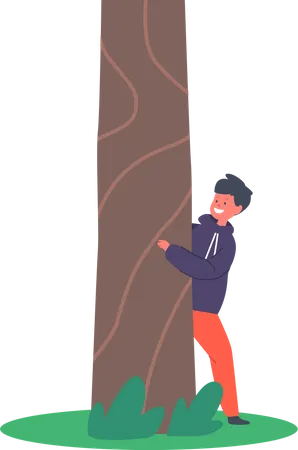 Boy hiding behind tree  Illustration