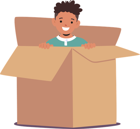 Boy hiding in cardboard box  Illustration