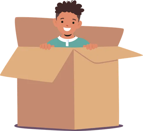 Boy hiding in cardboard box  Illustration