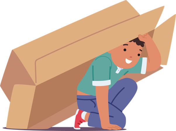 Boy hiding in cardboard box  Illustration