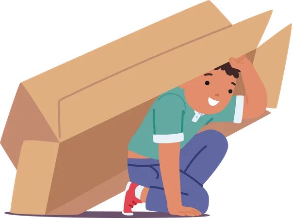 Boy hiding in cardboard box  Illustration