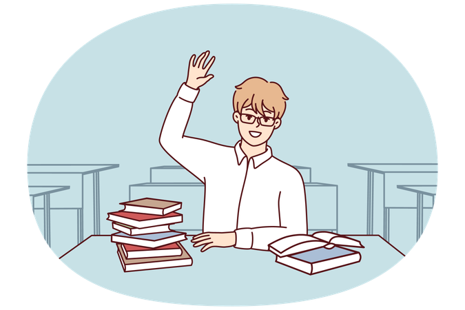 Boy high school student sits at desk with textbooks and workbooks and pulls hand up  Illustration