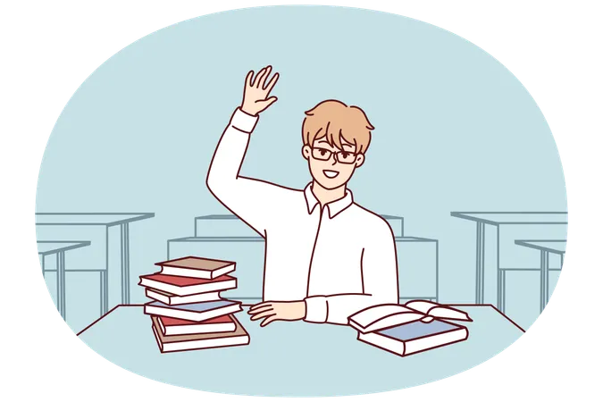 Boy high school student sits at desk with textbooks and workbooks and pulls hand up  Illustration