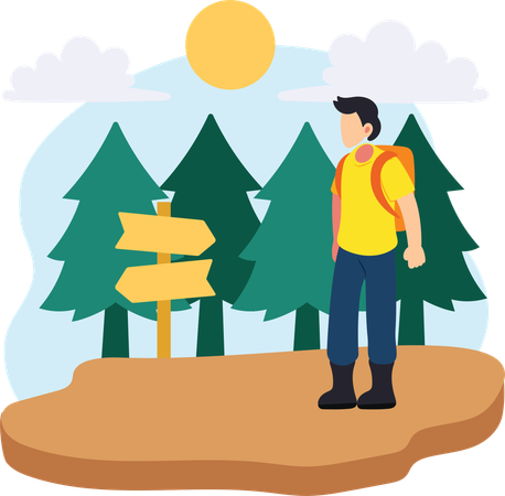 Boy hiking in forest direction  Illustration