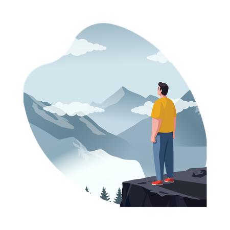 Boy Hiking in Rainy Mountains  Illustration