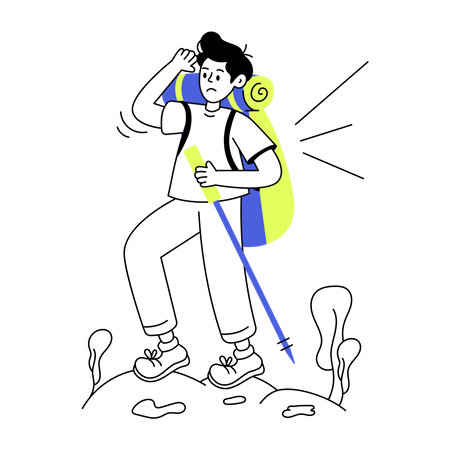 Boy hiking using hiking stick  Illustration