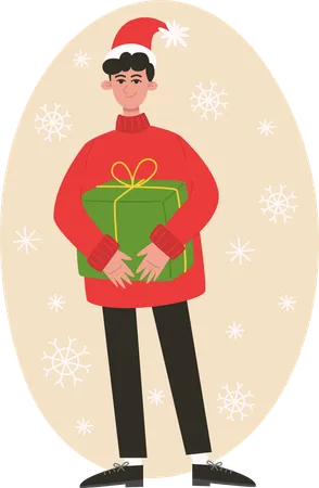 Boy Holding A Christmas Present Illustration In Flat Style Illustration