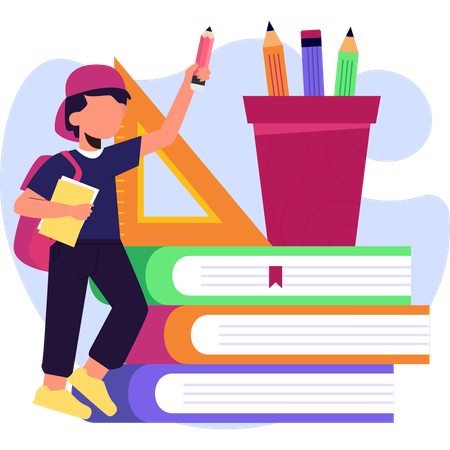 Boy holding a pencil sits atop a stack of books with an open book resting on the pile  Illustration