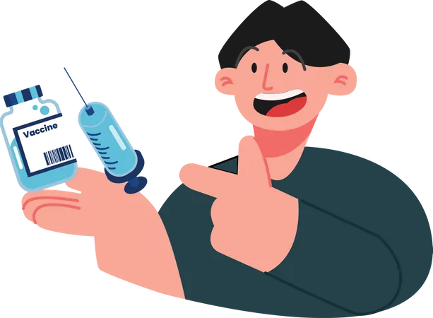 Boy holding a vaccine vial & injection  イラスト