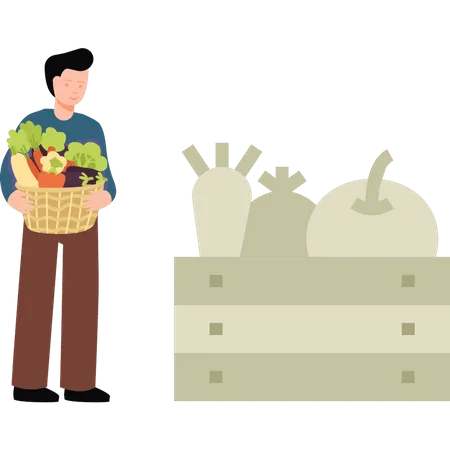The Boy Is Holding A Basket Of Vegetables Illustration