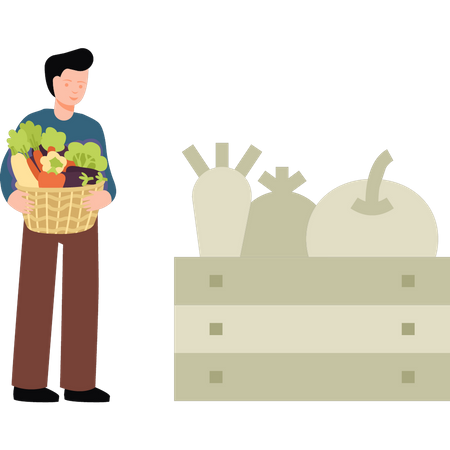 Boy holding basket of vegetables  Illustration