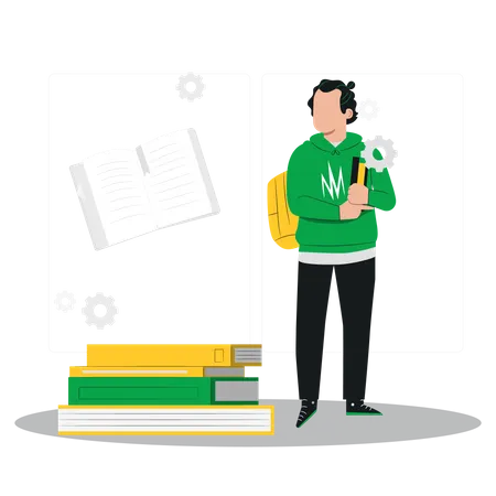 Boy holding book and carrying bag  Illustration
