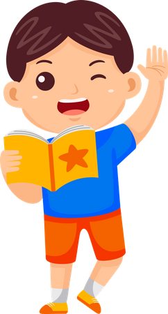 Boy holding book and waving hand  Illustration