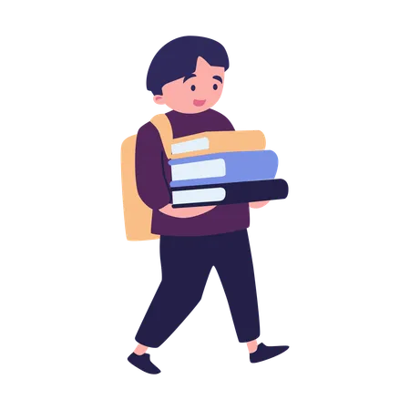Boy Holding Books Stack And Carrying School Bag  Illustration